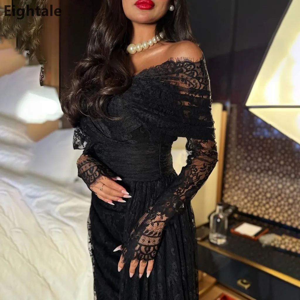 

Eightale 2025 Black Lace Long Sleeve Mermaid Evening Dress For Wedding Party Off Shoulder Formal Prom Dress Dubai Party Gown