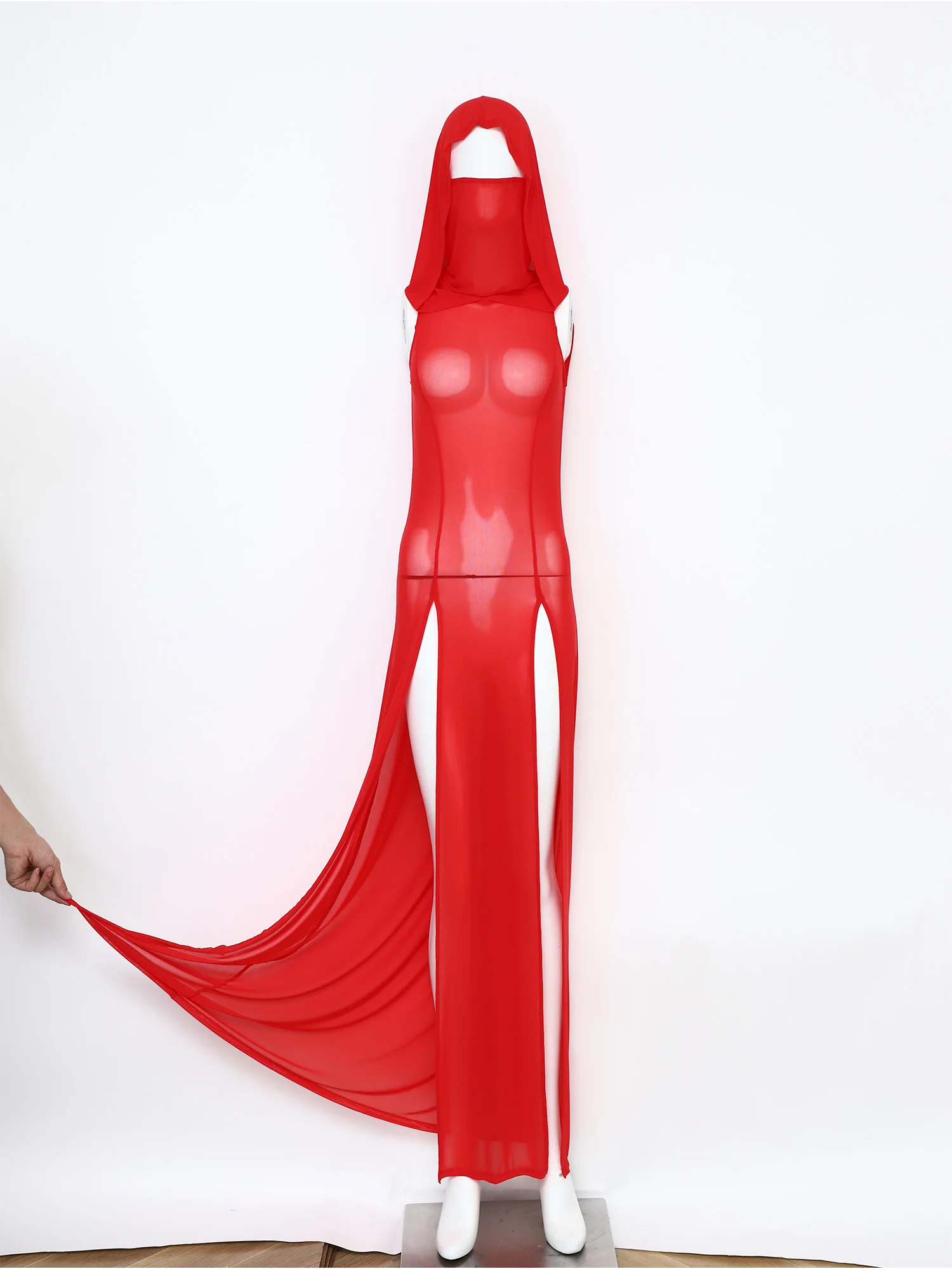 Women Gothic Mesh High Split Maxi Dress with Hooded Wet Look Sexy Lingerie Face Mask Long Sleeves Hollow Out Sheer Nightdress