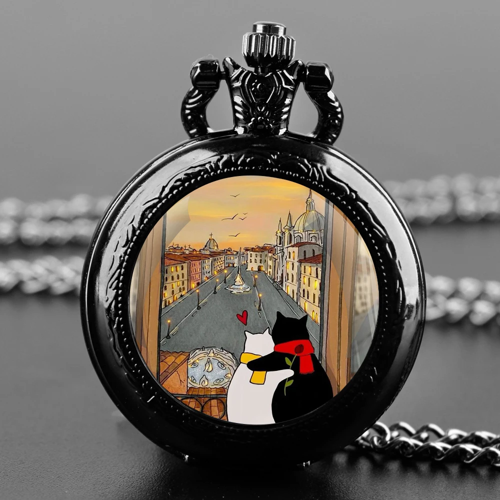 Montre de Poche à Quartz en Verre avec Cadran en Chiffre Arabe, Design de Couple Chaud et Chats, Cadeau Extraordinaire