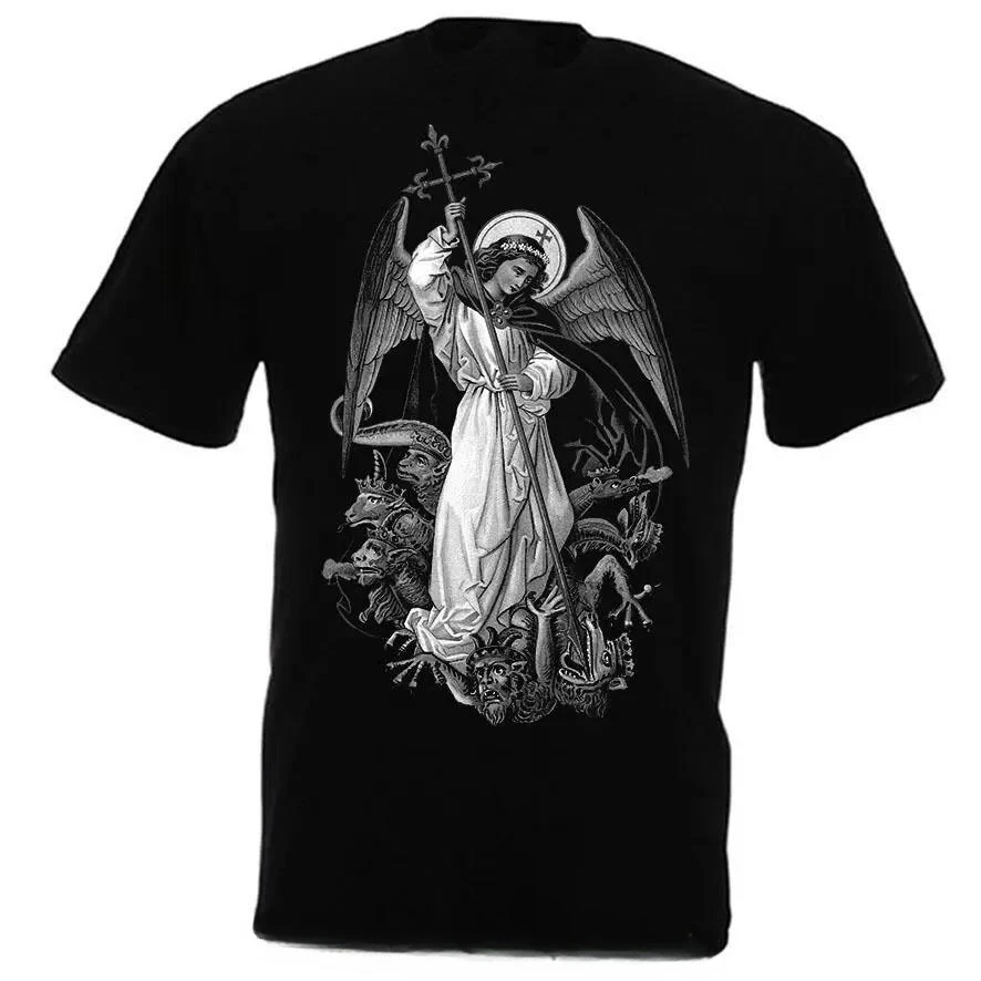 2026Saint Michael The Archangel Destroy Devil Catolic T-shirt Summer O-neck TshirtCotton T Shirt Fashion Short Sleeve