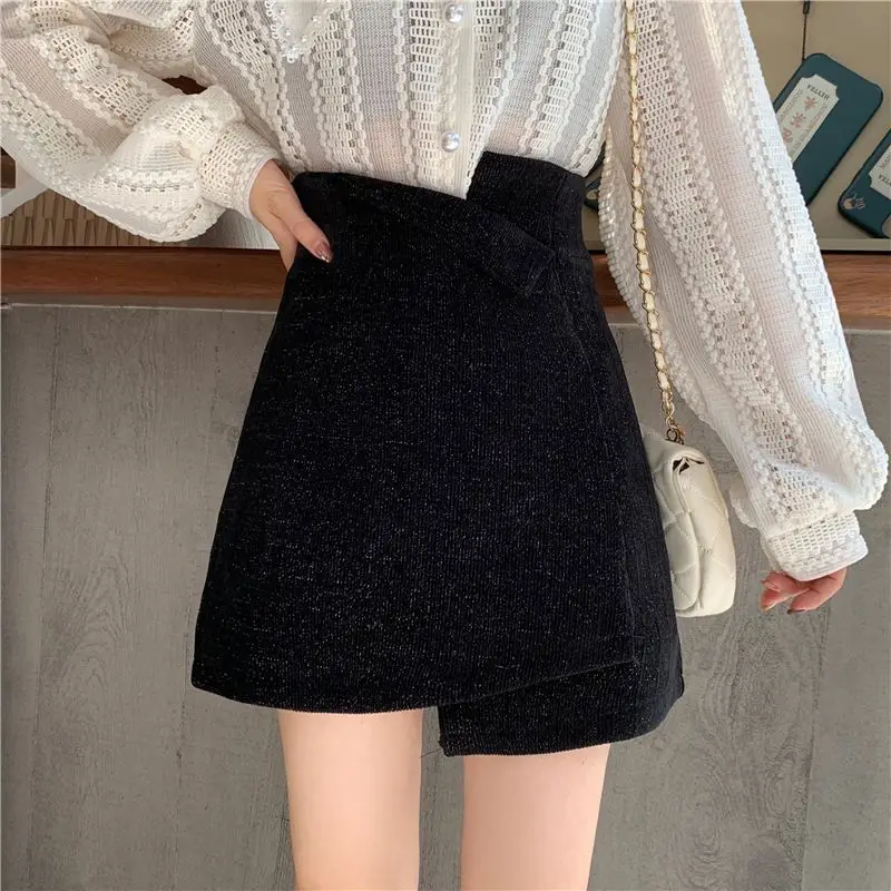 

Shorts Women Autumn Asymmetric Vintage High Waist Side Zipper Female Elegant Mini Skirts Casual Wide Leg A-line Shorts Q34