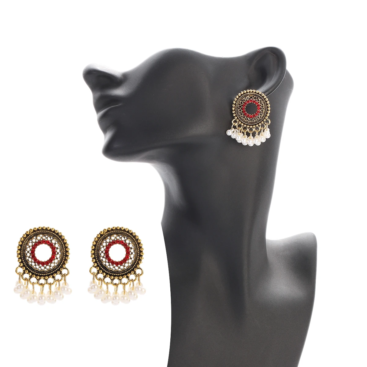 2022 Indian Jewelry Round Ethnic Red CZ Jhumka Earrings For Women Beads Tassel Wedding Earrings Kolczyki