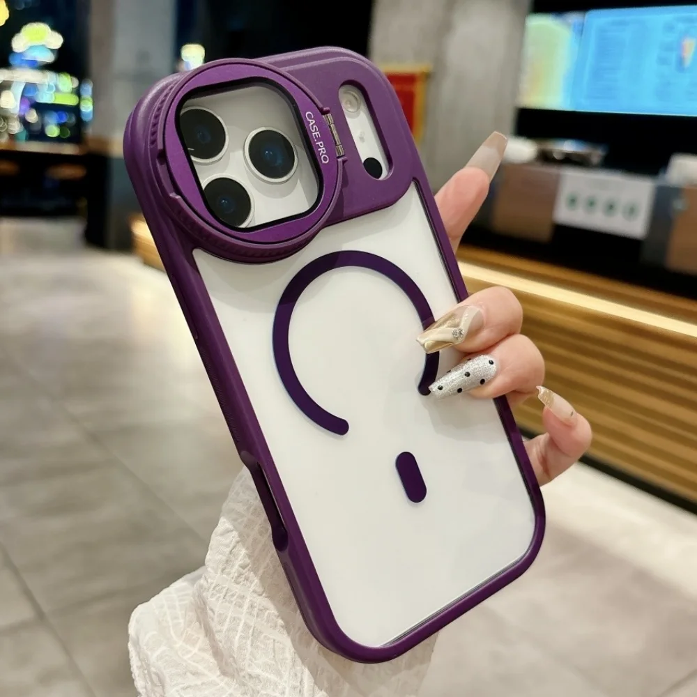 Fold Glass Lens Stand Magnetic Transparent Case For iPhone 17 13 12 11 Pro Max 16 15 14 Plus Air For Magsafe Shockproof Cover