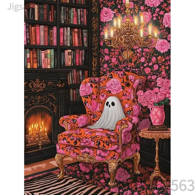 Cute Ghost Halloween Paper Jigsaw Puzzle, Vintage Library Bathtub Ghost Pumpkin House Witch Castle, 500-2000P Adult Puzzle Gift