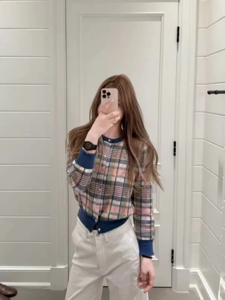 

Корейский клетчатый свитер в стиле ретро, женский осенне-зимний новый однобортный вязаный кардиган с круглым вырезом и длинными рукавами, повседневные универсальные топы