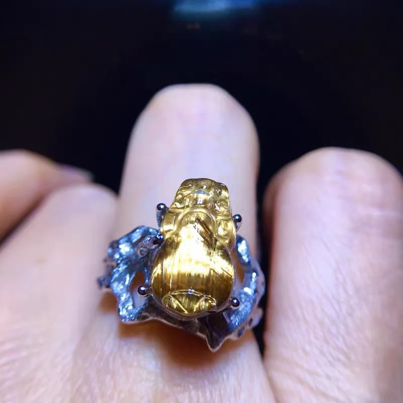 الذهب الطبيعي Rutilated الكوارتز قابل للتعديل حلقة بي شيوى 14.2/8.6 مللي متر زهرة النساء 925 الفضة الأصفر Rutilated الخرز AAAAAA