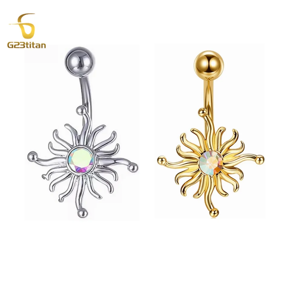 AB Crystal Stone Tribal Sun Design Stainless Steel Belly Ring Navel Piercing Curve Barbell Freedom Vitality Belly Button Jewelry