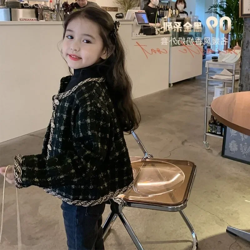 

Детская верхняя одежда высокого качества E18 2022, весна-осень, новая женская детская твидовая куртка с круглым вырезом, плотное пальто с пайетками