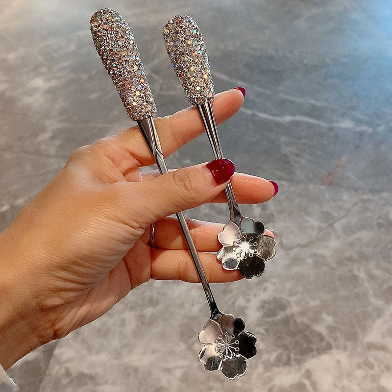Stainless Steel Dessert Coffee Spoon Bling Diamond Cherry Blossom Stirring Stick Tea Spoon Ice Cream Spoon Western Tableware