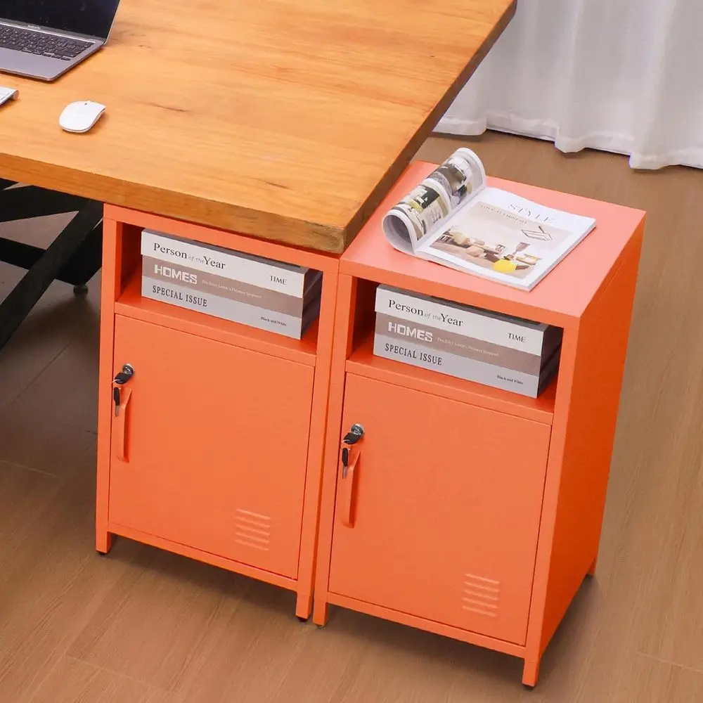 개방형 선반이 있는 현대적인 잠금식 금속 침대 옆 탁자, 가정 또는 사무실용 다용도 사이드 테이블, 오렌지색, 높이 26