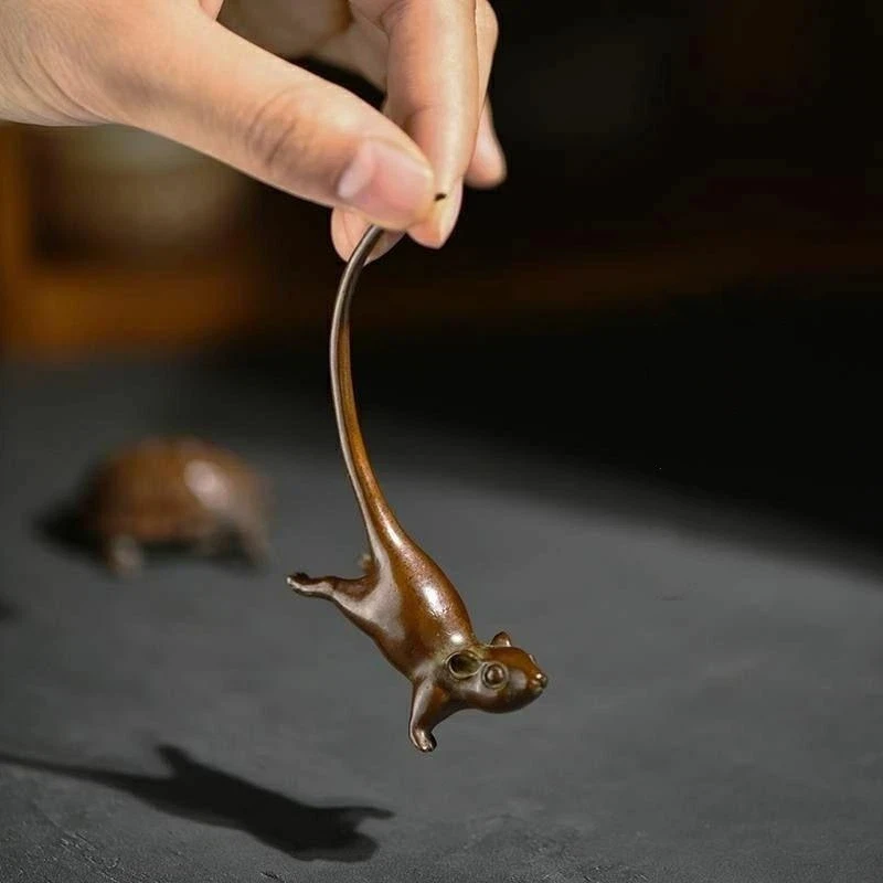 Long Tail Mouse Miniature Figurine Chinese Style Tea Pet Vintage Pure Copper Rat Ornament Home Decoration Accessories· view 2