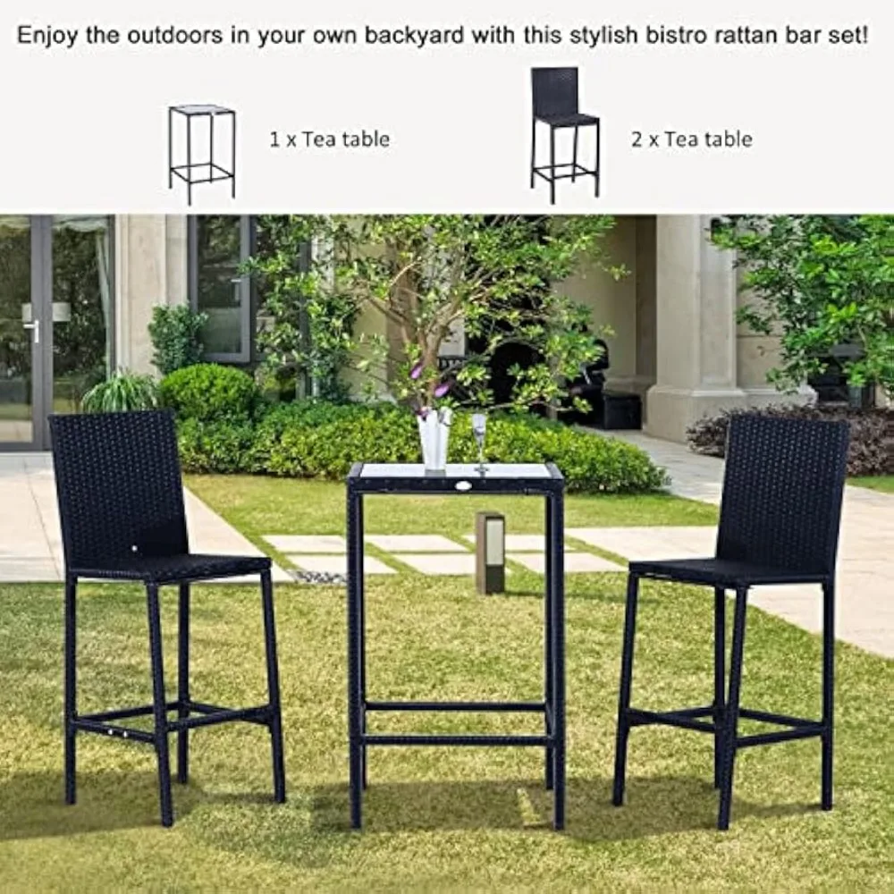3-teiliges Rattan-Bar-Set mit Tischplatte aus Glas, 2 Barhocker für den Außenbereich, Terrasse, Garten, Pool, Hinterhof