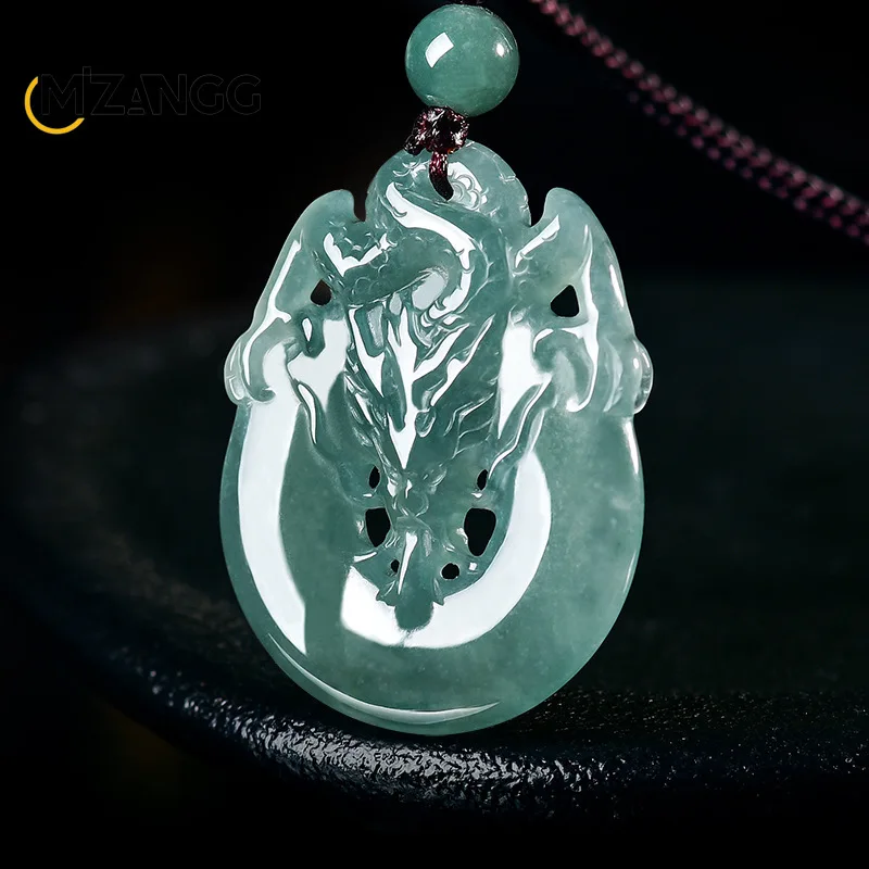 Natural Jadeite Blue Water Dragon Water-absorbent Pendant Hand-carved Ice Type Dragon Brand Jade Necklace for Men and Women