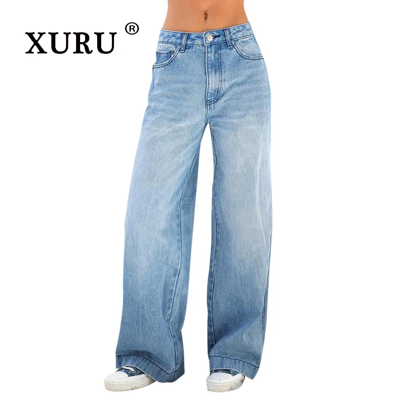 

XURU-Women's High Waist Loose Wide Leg Jeans, Casual Light Color Washed Jeans, K8-3227