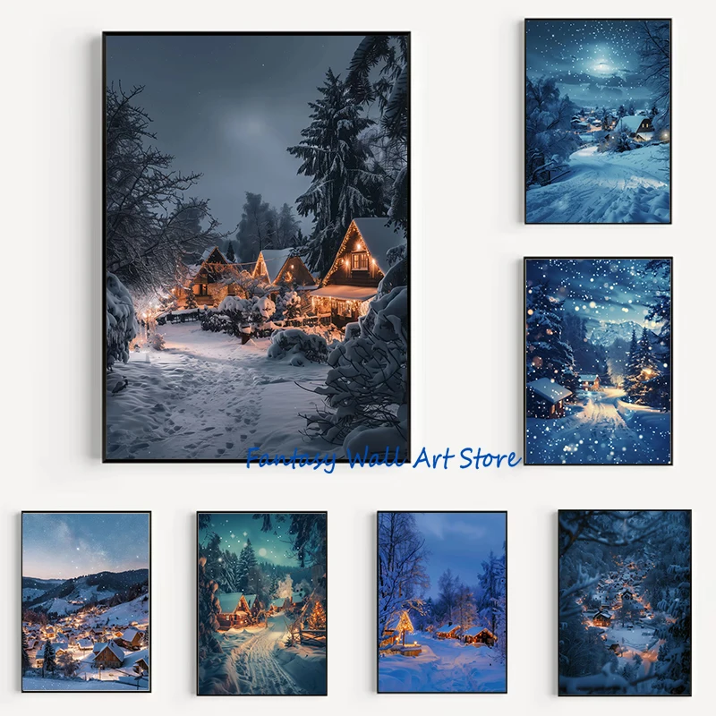 Christmas Snow Village Winter Snowy Town Christmas Night Photos Fantasy Artwork Poster Canvas Painting Wall Pictures Home Decor