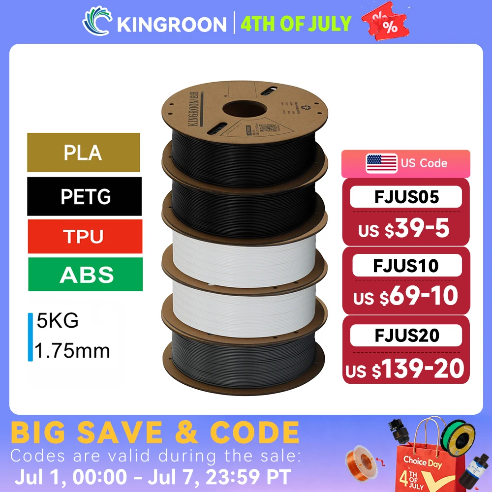 KINGROON 3D Printer Filament PLA PETG TPU ABS 5KG Bundle Black White Gray 1.75mm No bubbles Plastic 5 roll 1kg , Random Spool