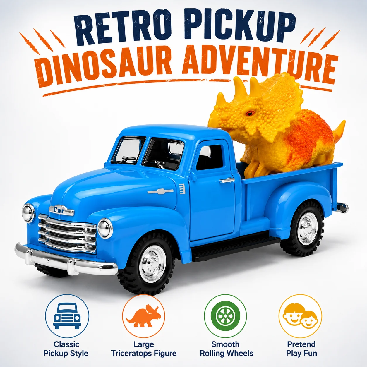 MQUDUO 1:36 Retro Blue Pickup Truck with Triceratops Toy Figure, Dinosaur Cargo Transport Vehicle for Display Collecting Gift