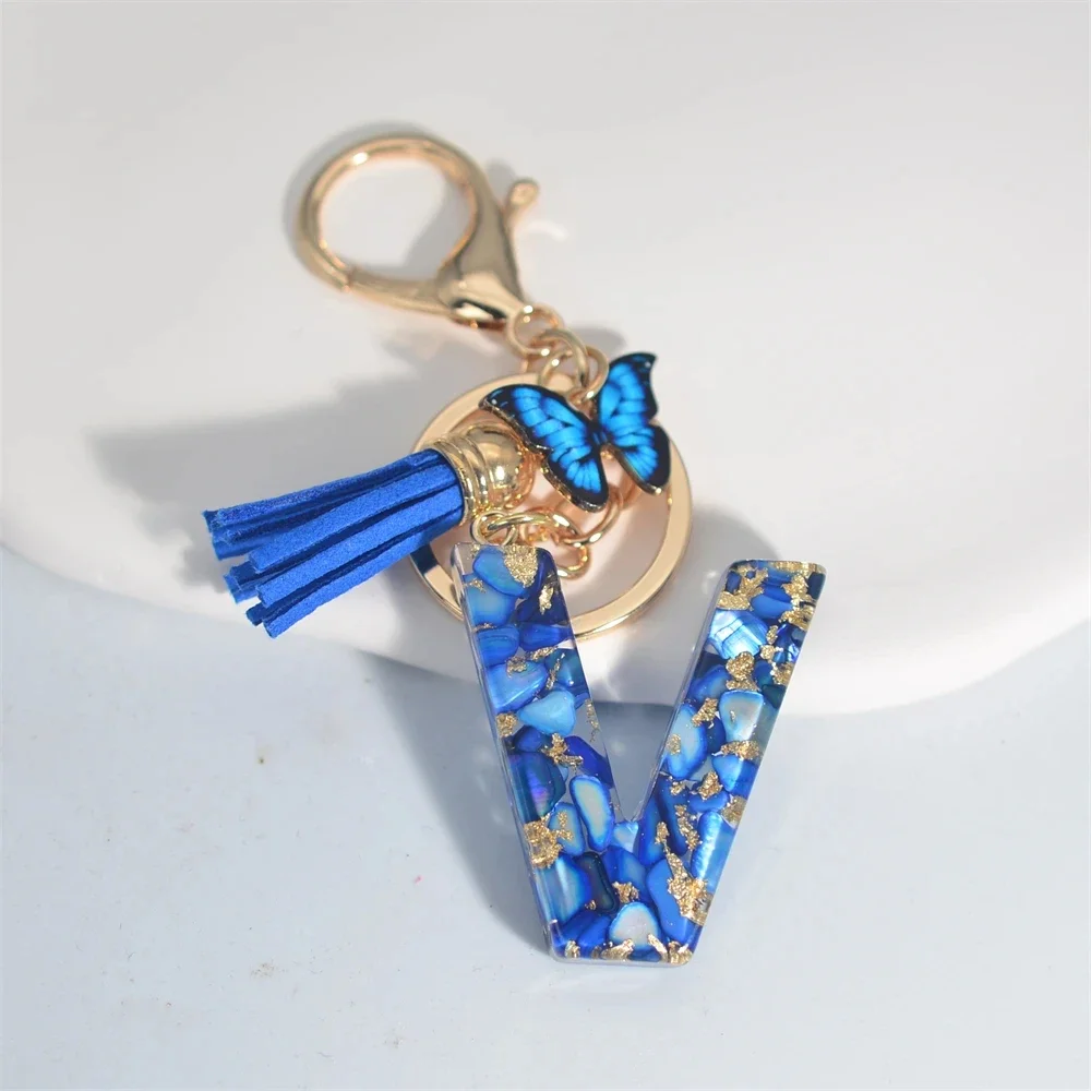 Modischer blauer glasierter Stein, A bis Z, Buchstaben-Schlüsselanhänger, 26 Initialen, Alphabet, Schmetterling, Quaste, Anhänger, Auto-Schlüsselanhänger, Damenschmuck, Geschenke
