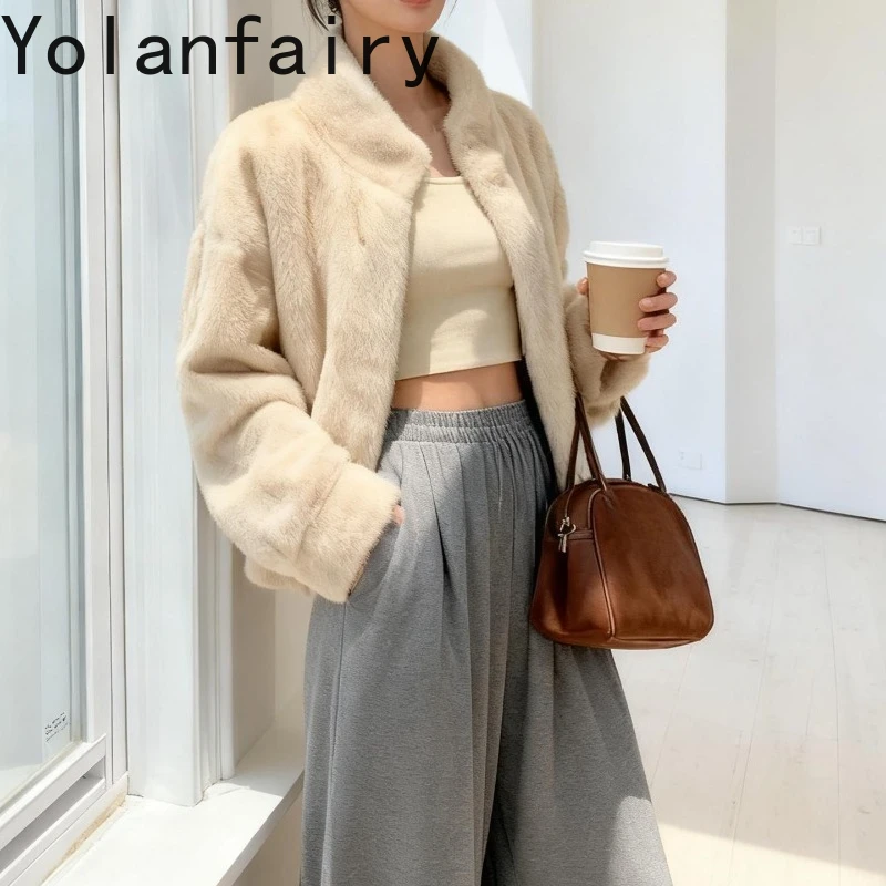 YOLANFAIRY 高級天然毛皮コート女性の冬エレガントなスタンドカラーショート本物のミンクの毛皮のジャケット婦人服アブリゴ