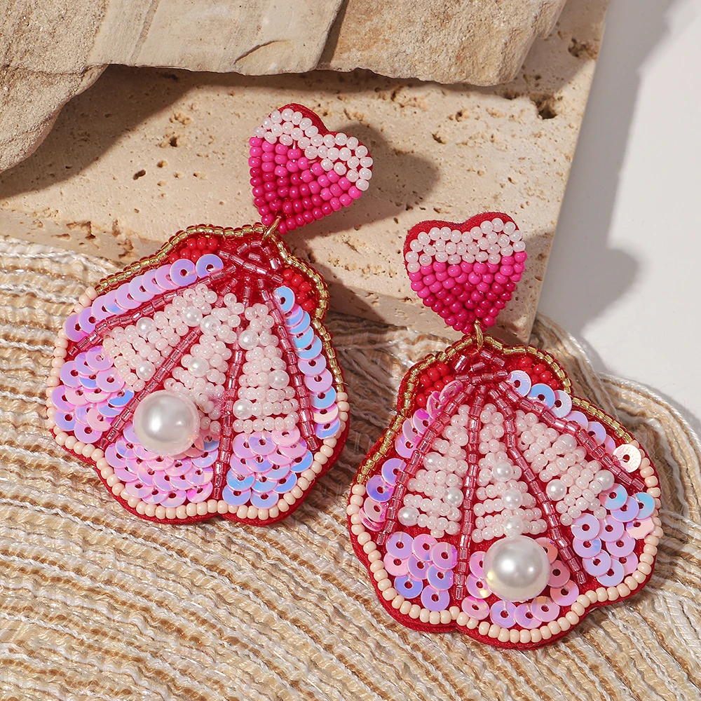 AENSOA Handmade Beaded Shell Shaped Drop Earrings for Women Rose Red White Bead Sequin Ocean Animal Earrings Bohemian Jewelry