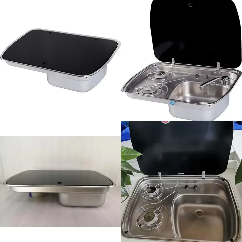 for HEYRV 2 Burner Integrated Gas Stove 304 Stainless Steel with Black Glass Cover for RV and RV Kitchen Sinks