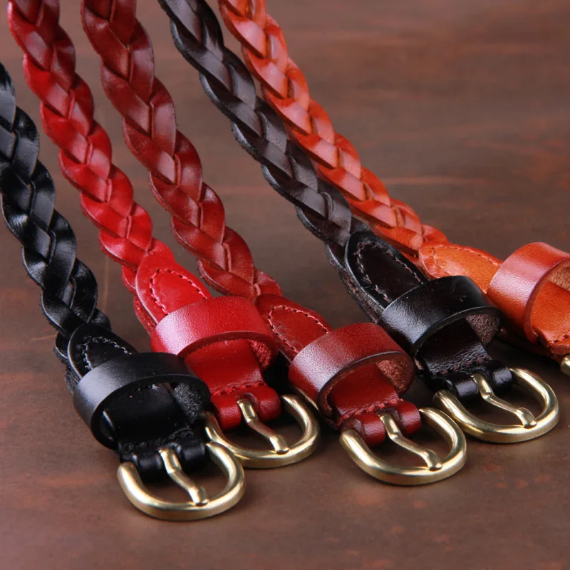 Cinturón trenzado de cuero versátil para mujer, hebilla de pin de estilo coreano, cinturón de cuero fino, cinturón de piel de vaca con capa para la cabeza