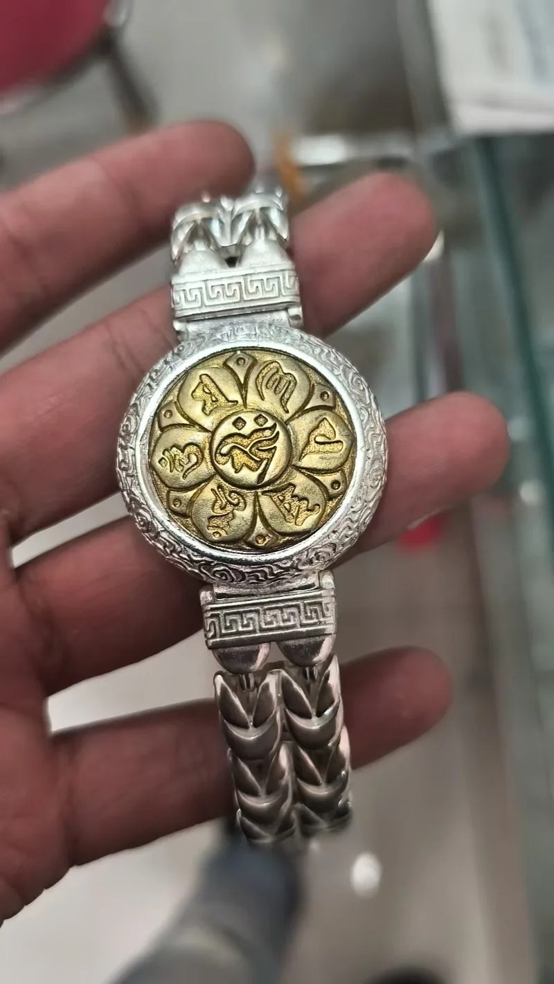 Vintage Folk Miao Silver Bracelet, Handmade Carved Ancient Style Lucky Wealth Jewelry Unisex Fashion Gift