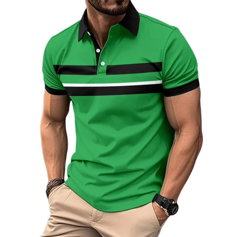 

Summer Men's Color Matching Outdoor Sports Polo Shirt Business Casual Striped Printed Lapel Button Short Sleeve T-shirts