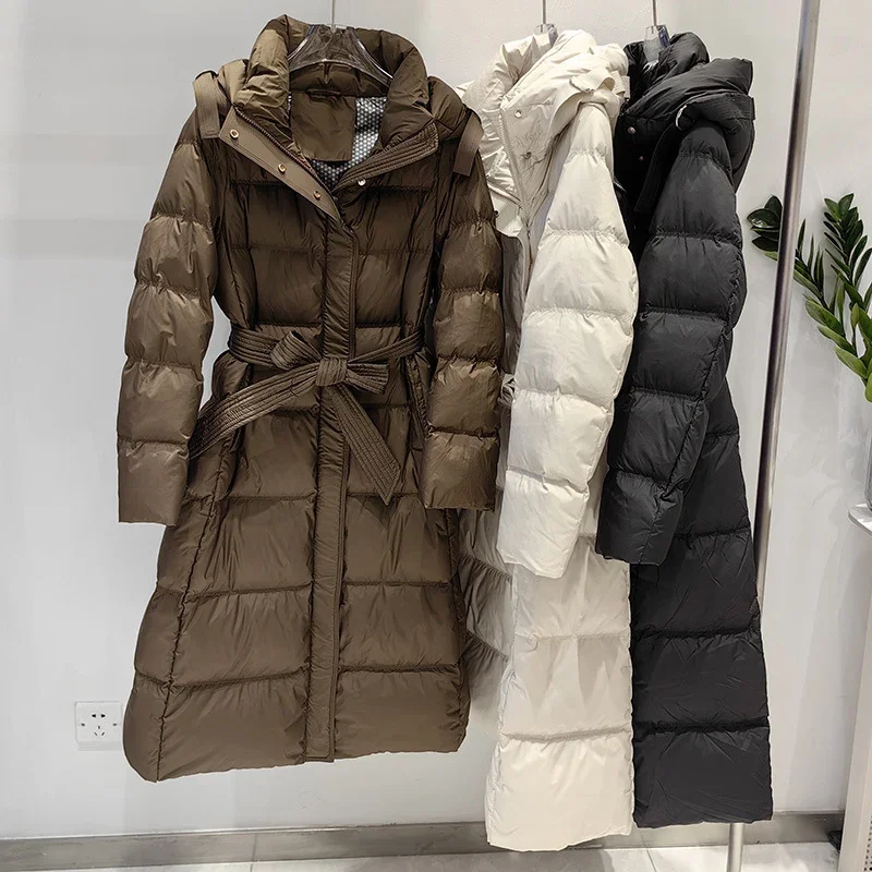 Schinteon 여성용 화이트 덕 다운 롱 재킷, 따뜻한 오피스 레이디 슬림 아웃웨어, 후드 벨트 포함, 심플 스타일, 가을, 겨울, 2024 신상