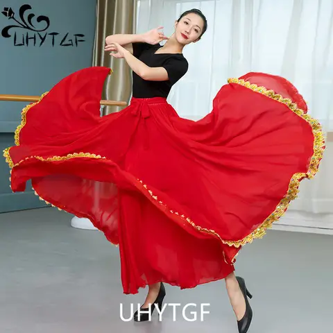 Einfarbiger Folklorico Tanzrock Damen spanischen Flamenco großen Swing langen Rock folk loris tischen mexikanischen Volkstanz Performance-Kostüm