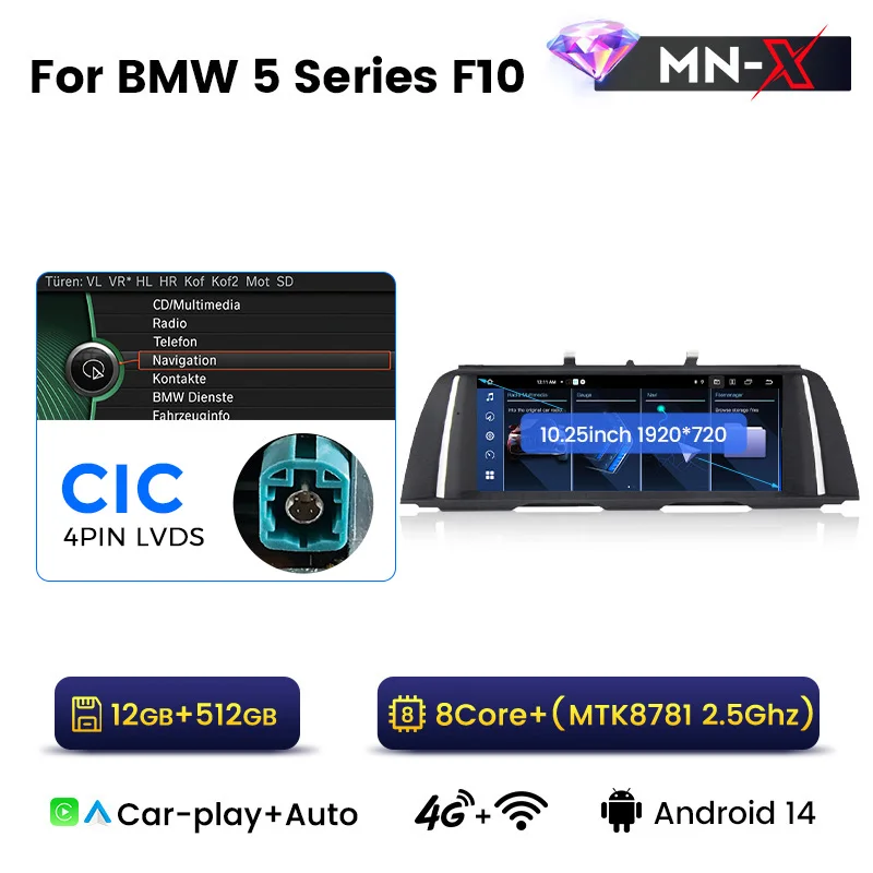 Android 14 Car Multimedia Wireless CarPlay Android Auto 4G LTE WIFI GPS Navigation 12+512GB For BMW 5 Series F10 F11 CIC System