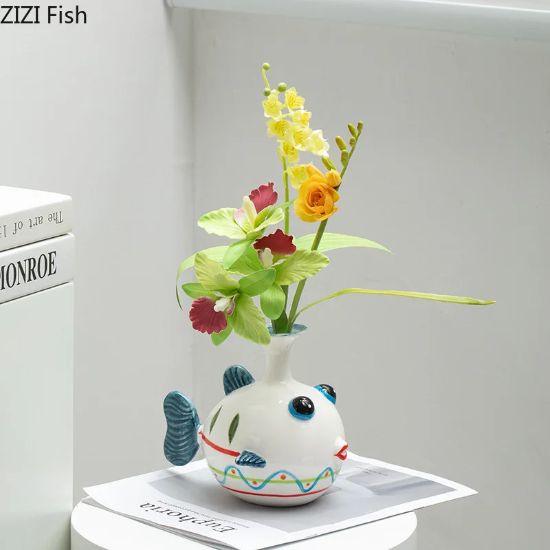 Painted Fish Shaped Ceramic Vase Desk Decoration Artificial Flower Flowers Arrangement Floral Vases Room Aesthetic Decor