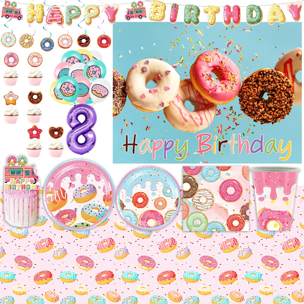 Doughnut Cute Dessert Theme Birthday Party Decoration Supplies Disposable Cutlery Balloon Background Suit Baby Shower Girl Gift