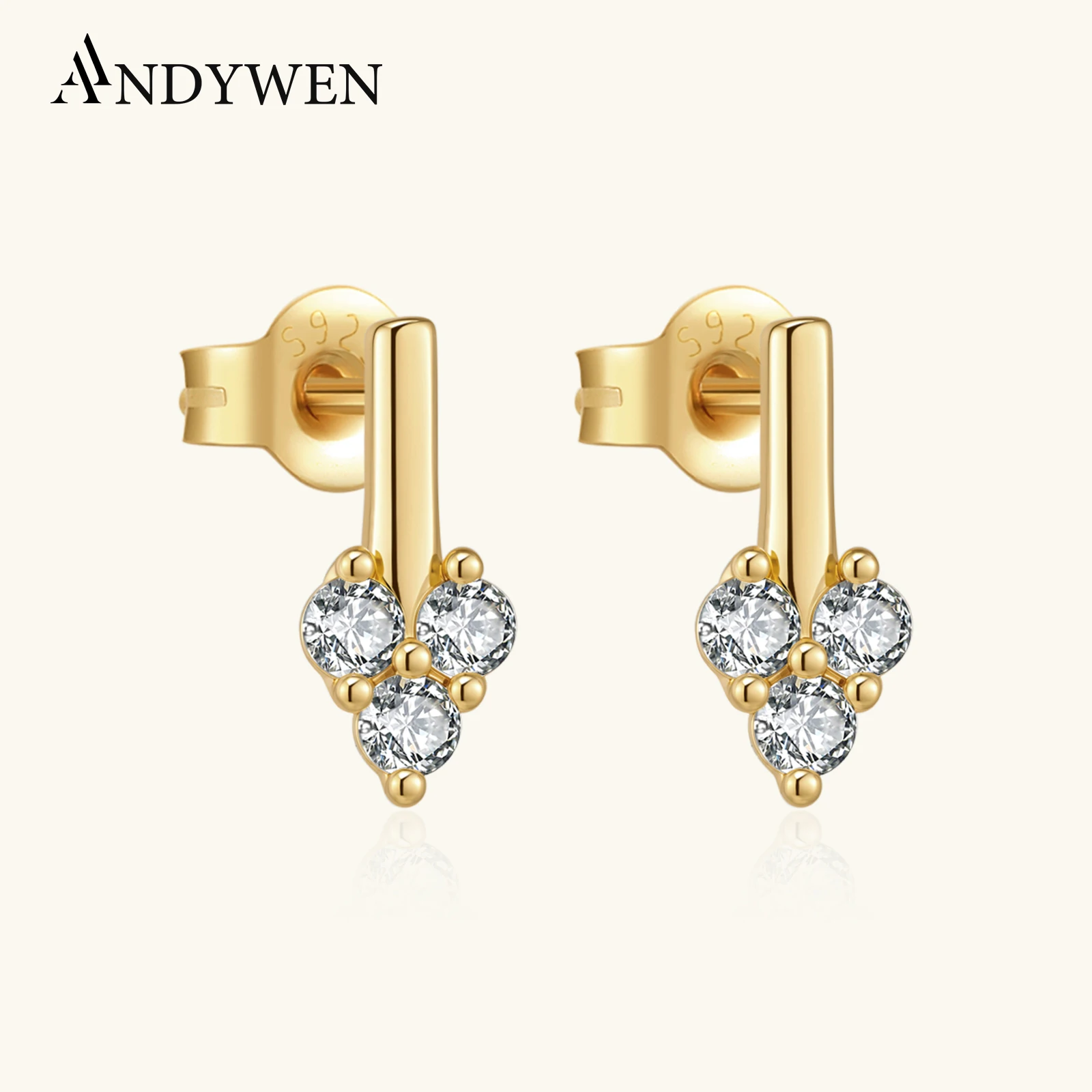 

ANDYWEN 925 Sterling Silver Vertical Bar Stud Earrings with 3 Round Zircon CZ Tiny Dainty Minimalist Women Trendy Jewelry Gift
