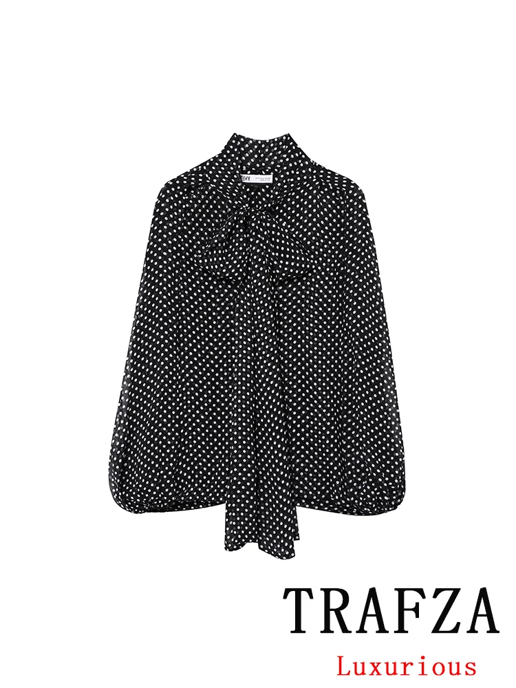 

TRAFZA Vintage Casual Chic Women Blouse Polka Dot Bow Lace-up V-Neck Loose Cloak Shirts New Fashion 2025 Spring Summer Blouses