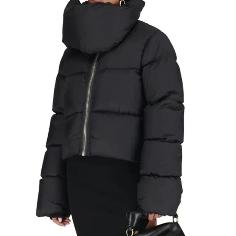 Winter Scarf Collar Cropped Puffer Jackets for Women Long Sleeve Thick Warm Quilted Bubble Coats Female Outerwears Parkas