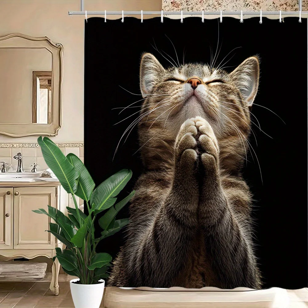 Funny Cat Shower Curtain, Praying Tabby Cat Print, Humorous Animal Bathroom Decor, Novelty Polyester Bath Curtain with Hooks