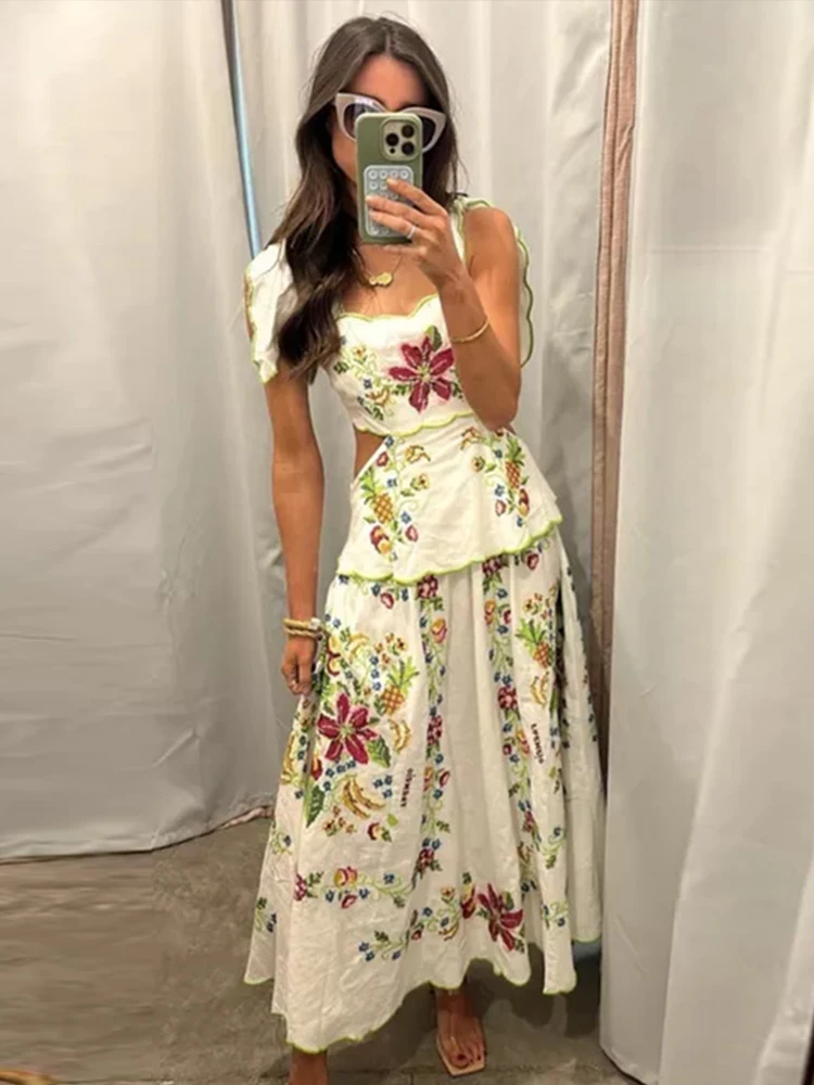 Elegant Print Dress Women Loose Hollow Out Lace Up Robe Female Summer New High Waist Fashion Chic Sleeveless Beach Vestidos Lady