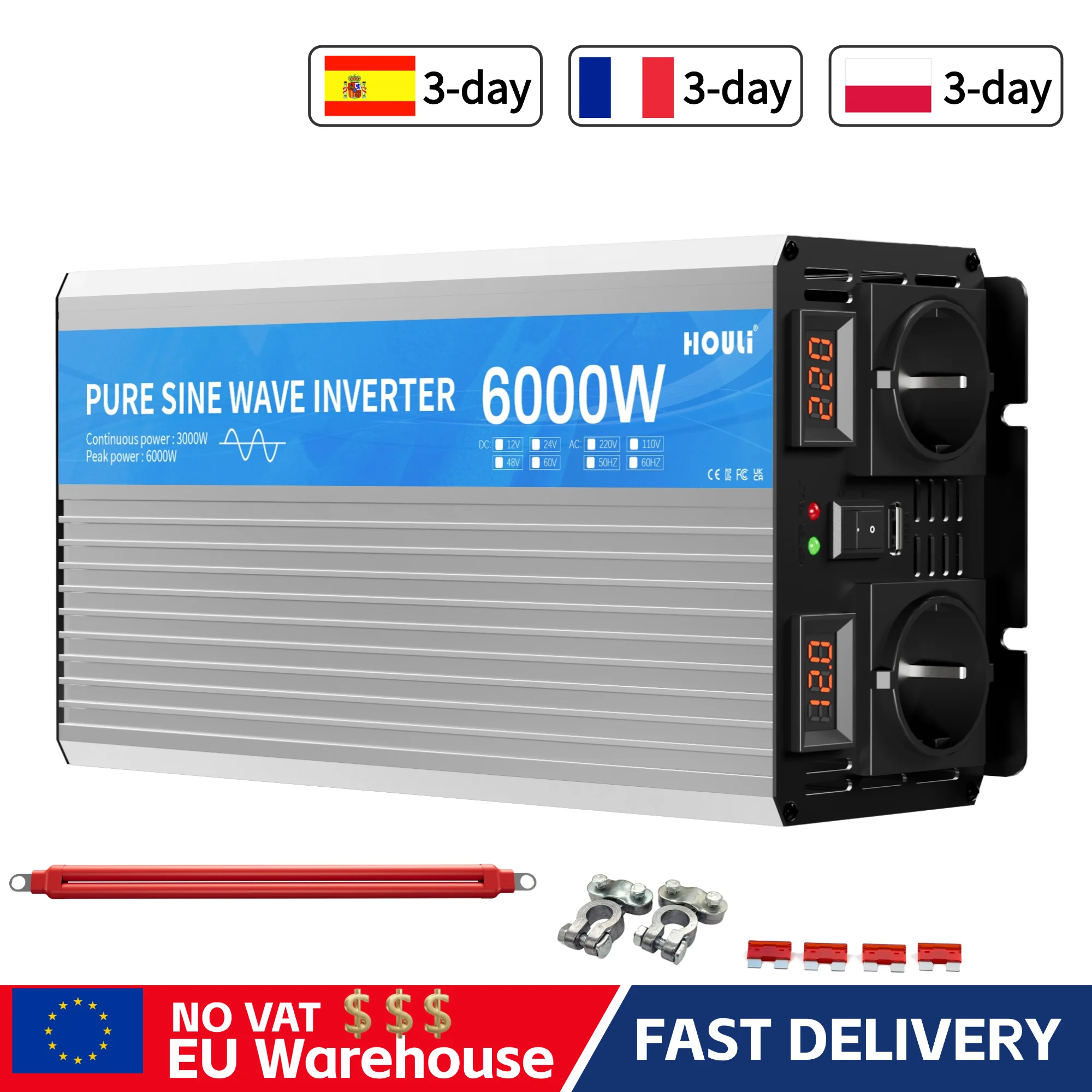 HOULI Inversor 12v 220v Onda Pura 3000W 4000W 5000W 6000W convertidor Corriente Transformador