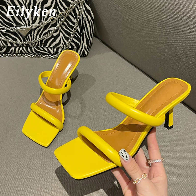 Eilyken Summer Yellow White Thin Heels Slippers Sandals Women Square Toe Mules Beach Slides Leisure Shoes