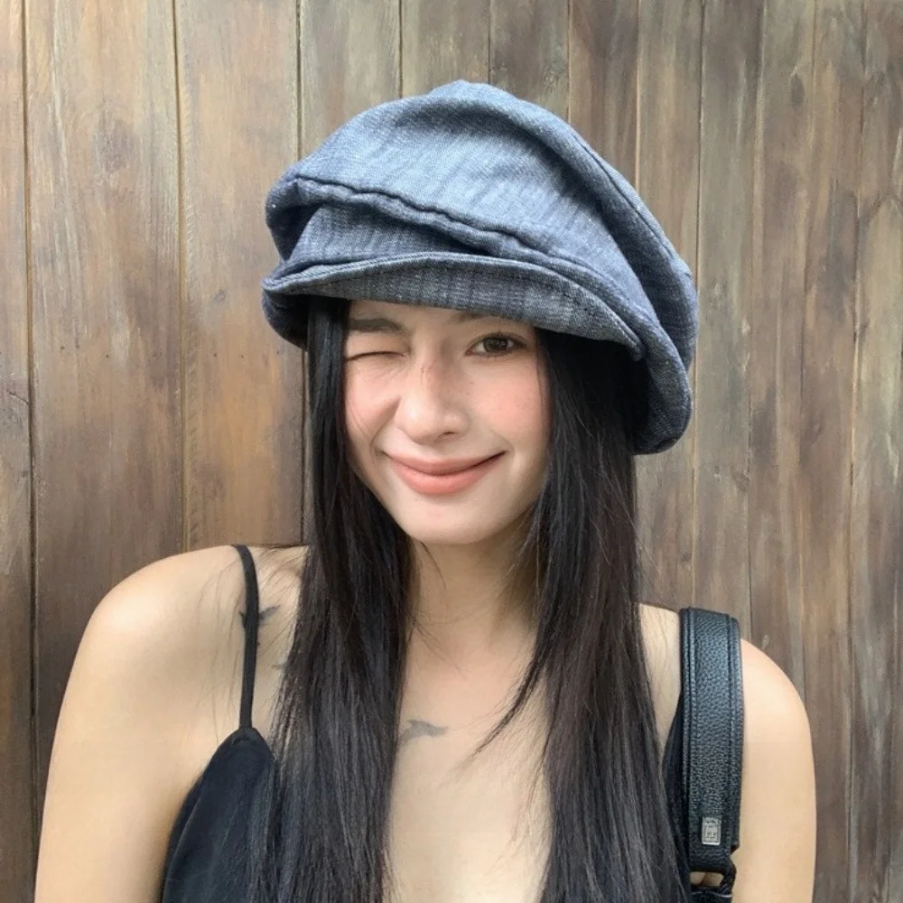 خمر الدنيم الياباني قبعة سحابة القماش مثمنة قبعة Y2K محيط الرأس الكبير مطوي الرسام قبعة في الهواء الطلق