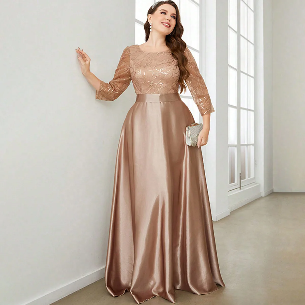 Plus Size Ladies Temperament Evening Party Host Dress Skirt U-neck Three-quarter Sleeves Evening Dress Women Elegant Prom cloth