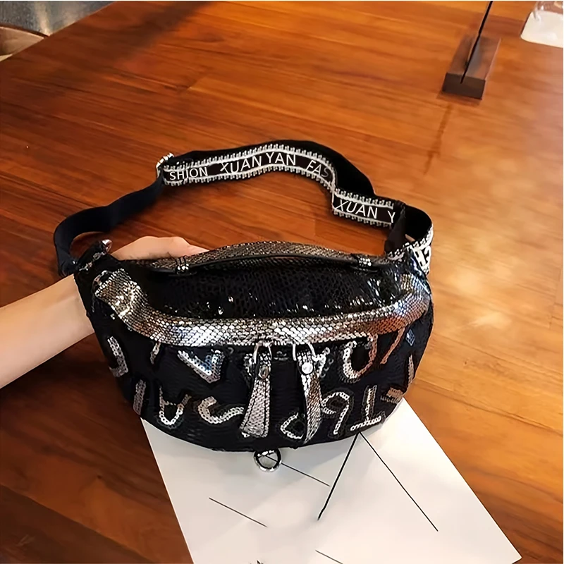 Compact and versatile, popular sequined waist bag, casual outdoor sports, street crossbody chest bag, trendy