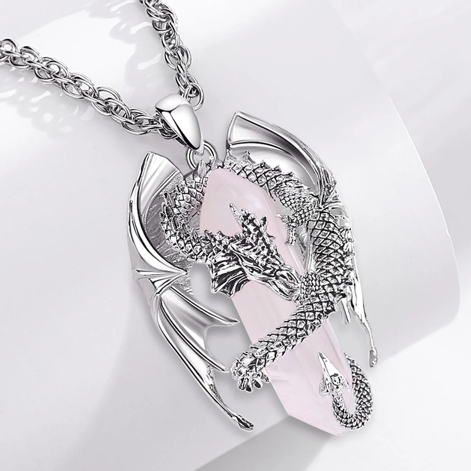 Eudora Dragon Twining Hexagonal Rose Quartz Prismatic Necklace Punk Healing Stone Rose Quartz Pendant Jewelry Gift for Man Women