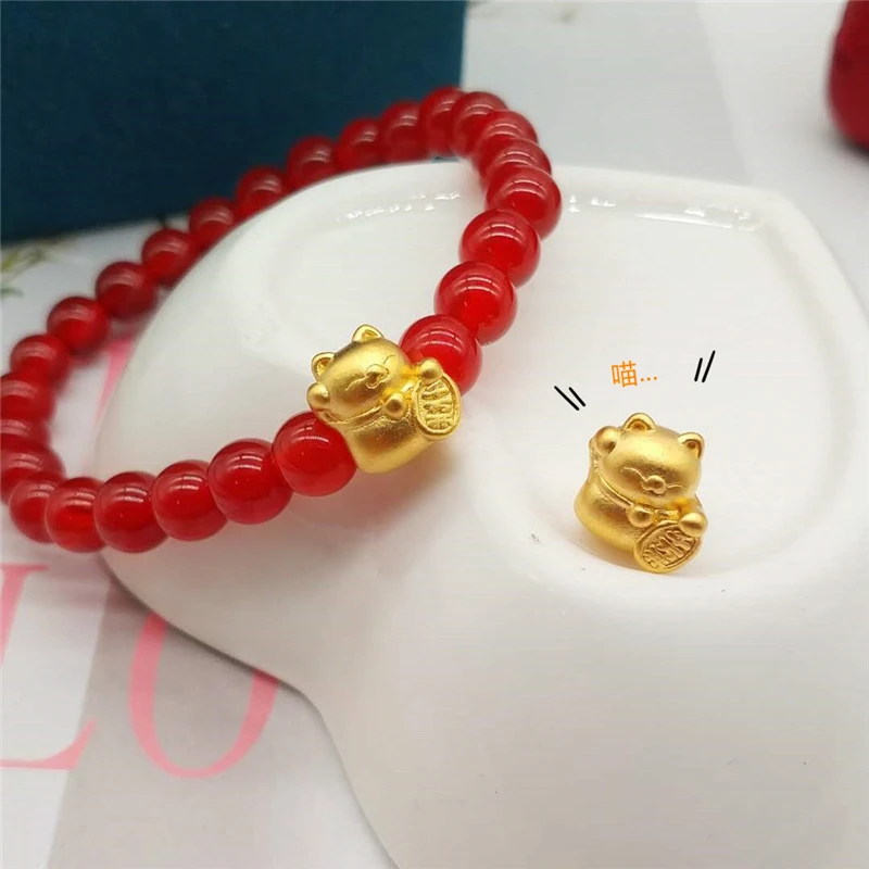 1PCS Pure 24K Yellow Gold Jewelry Real 24K Yellow Gold Bracelet For Women Luck Cat Red Agate 6mm Red String Bracelet