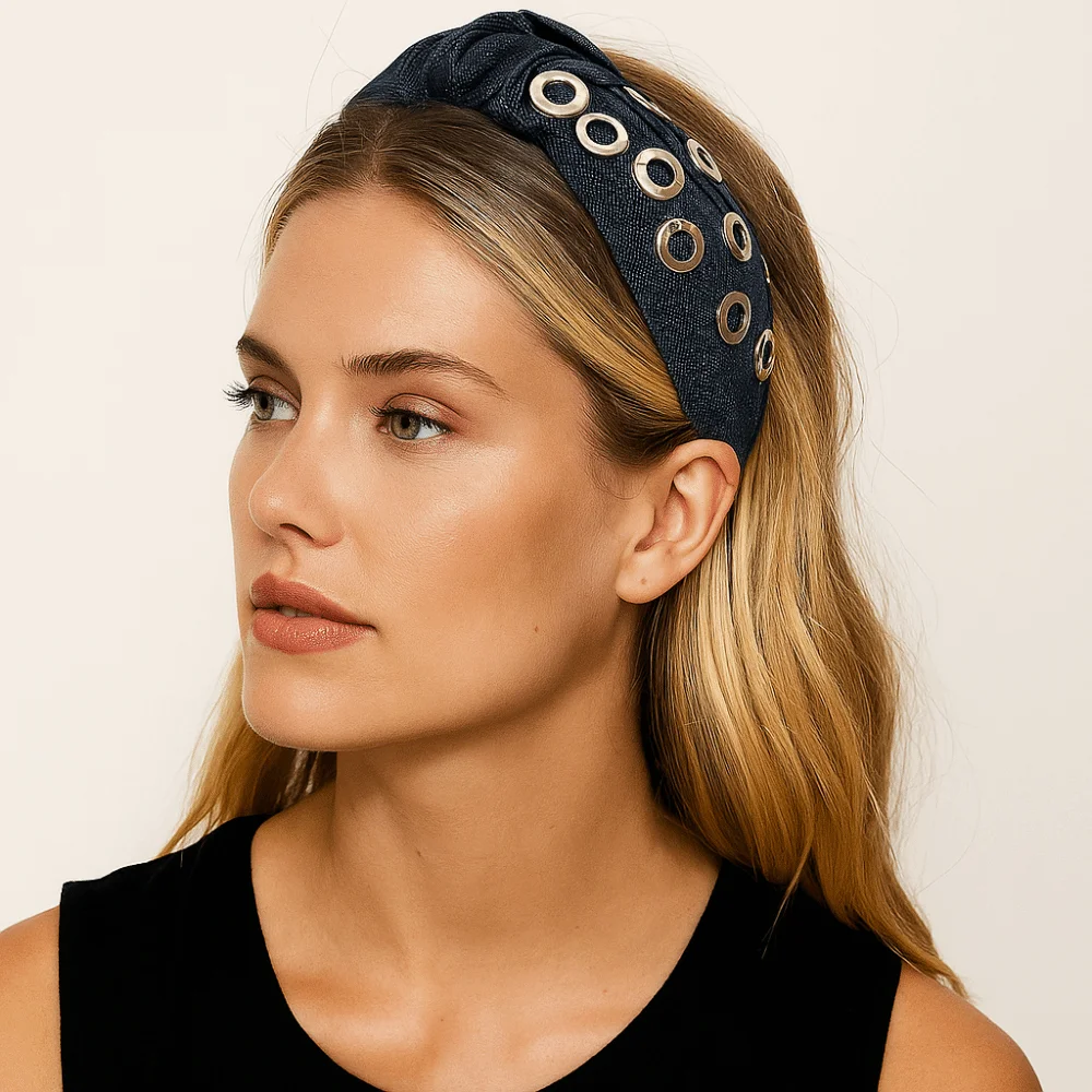 

Bandana Y2K Denim Headband Wide Personalized Punk Hairband Rock Metal Hollowed Out Eyelets Headband Women