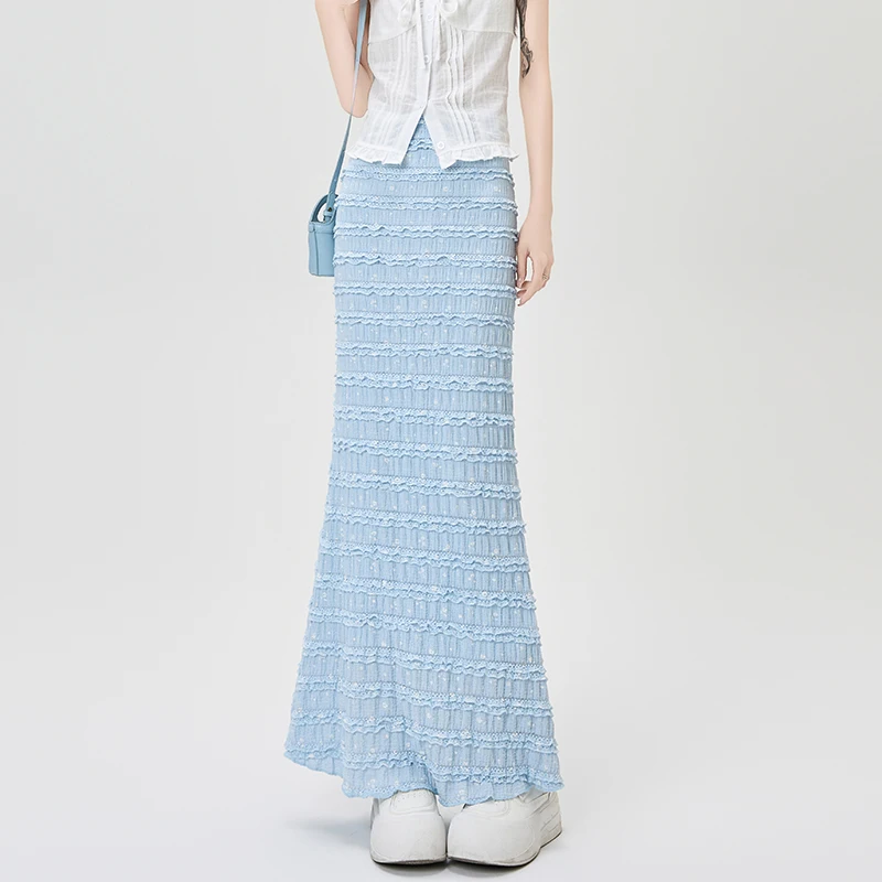 화이트 보우 타이트 바디콘 펜슬 스커트 여성 섹시 패션 탄성 워크 파티 피쉬테일 머메이드 롱 스커트