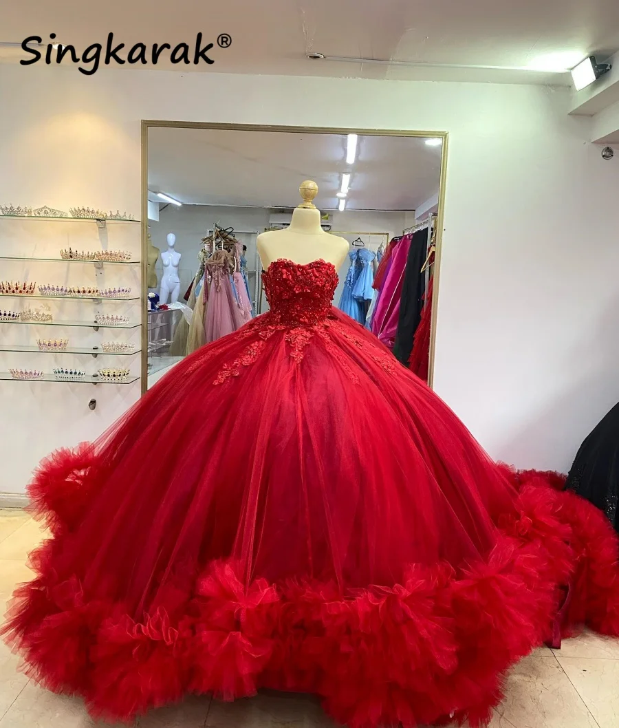 

Изысканное красное платье принцессы Quinceanera с цветочной аппликацией и оборками, многоуровневое милое платье 16, бальное платье Vestidos De 15 Años