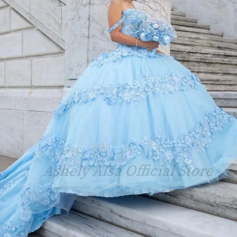 

Очаровательные Роскошные блестящие синие платья для Quinceanera, бальное платье с открытыми плечами, кружевное платье с аппликацией и кристаллами, женское платье для выпускного вечера 15 лет