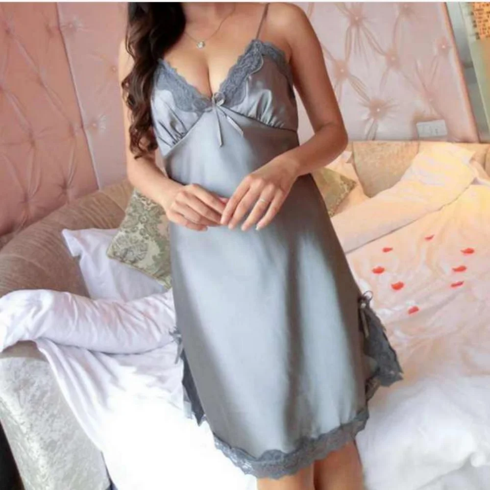 Gaun malam Mini wanita, piyama sutra Trim renda V dalam warna polos Babydoll